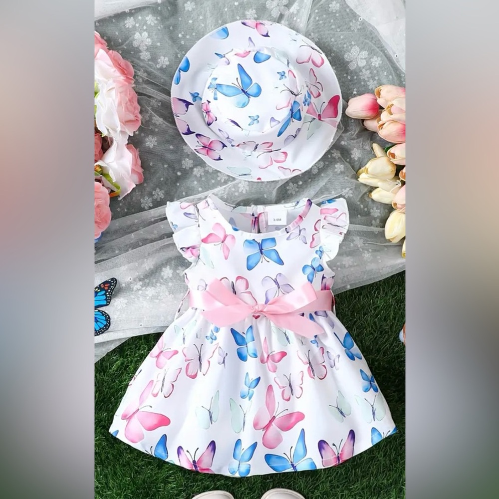 New Baby Girls' Dress Set Includes Flying Sleeve Dress & Coordinating Hat